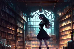 full-height shot of a young witch in a tight black short skirt, inside a large magic shop, shelving, bottles, windows