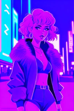 retrowave anime cyberpunk girl, scarlett johanson, furr skirt