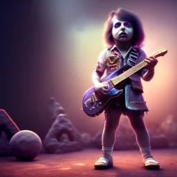 3d render, Alice Cooper toddler, full body, guitar, dramatic lighting, volumetric lighting, music studio background, hyper realistic, unreal engine 5, 8k, UHD,