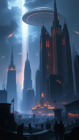 A giant city buldings and towers with big buildings .and a lot of people A mystical scene with ethereal light illuminating a dark landscape filled with shadows and whispers.A gint ufo spaceship in the sky