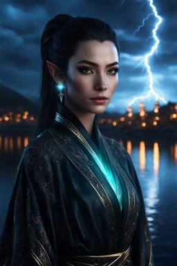 dark black eyes, female elf, dark high ponytail hair, detailed ornamental magical robe, glowing gem crackling with lightning implanted on robe, 8k, high detail, lake background, midnight, facing viewer