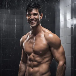 Hyper realistic Extremely Handsome shirtless with short black hair muscular man smiling standing in a black towel in a dark shower room