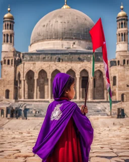 Artistic red purple little palestinian girl Holds a flag of Palestine In front of the Dome of the Rock , PRINT medieval style