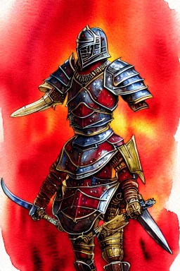 dnd, fantasy, watercolour, illustration, portrait, red phantom, knight, red plate armour, all red, transparent, veins of golden light in the armour