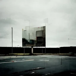 Minimal contemporary abstract oil paintings of desolate 1960s carpark with road markings and concrete fragments. Overlay with grungy typography graphics. style of Justin Mortimer and Francis Bacon.