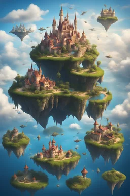 Fantasy World floating in the sky with islands connected with bridges Disney version with 4 Islands floating with a City with Alot of Islands with Castle in background with alot of Dragons