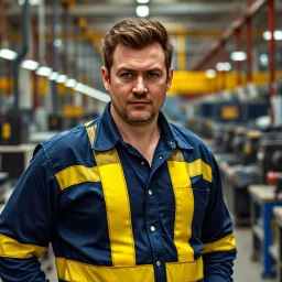 a man on the factory floor with dark blue shirt and yellow stripes who is the real leader in the factory, everybody fears him, use only face on full body