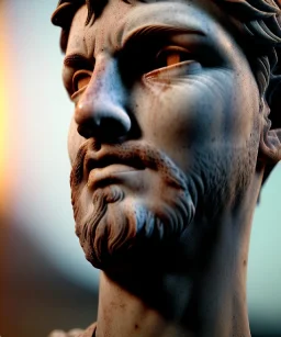 Realistic image, roman sculpture, marble material, Lionel Messi model, miguel angel style, God light, god rays, 4k resolution, intricate details, ornate details, soft lighting, unreal engine 5, soft cyan background.