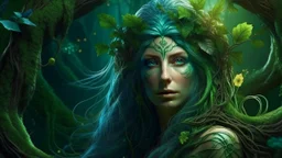 8K Ultra HD, highly detailed, we are transported to a mystical forest where the enigmatic beautiful Nature Witch resides, At the center of the painting stands the beautiful Nature Witch, a striking figure of ethereal beauty, Her presence is an embodiment of the very essence of nature itself, She has flowing, emerald-green hair that appears to be woven from the very vines and leaves that surround her, Her eyes, as deep as the forest itself, radiate a gentle wisdom and connection to all living thi