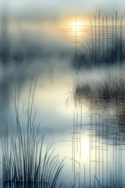 Reeds, lake, reflection, sunrise, Misty morning, ducks on the water, birds in the sky smooth intricate high definition beautiful lighting pencil sketch watercolor polished warm light LNF