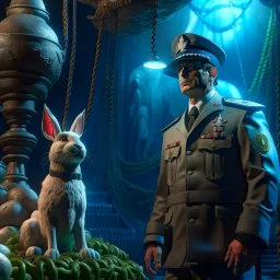 shipyard portrait of Mexican macho gestapo army officer on a ladder inside glowing mushroom grove with huge fluffy space rabbit, 4 k, down-light, soft light, depth of field, photo realism, trending on art station, high detail, spray paint