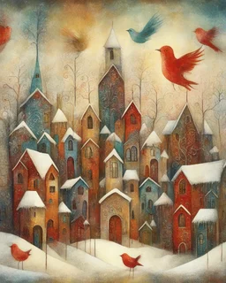 dance of snow-covered, whimsical, multicoloured houses of incredible architecture, bizarre Christmas trees and red, whimsical birds. Style of Inge Shuster, Catherine Hyde, Erica Hopper, Gabriel Pacheco, Jamie Heiden, Antoine Josse , Angelina Wrona, Duy Huyn, Cecilia Frigati, Esao Andrews. Abstract background with texture, grunge paper, mixed media art,acrylic, oil pastel, set of charcoal with different characteristics, pigments. Promt©valestok. Full size image, no text, no copyright. Modifiers: