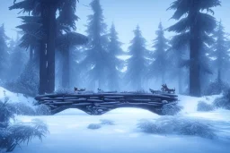 Forest ice palms twigs winter, bridge birds, house, bear, deer, unreal engine