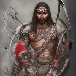 Maori. Guerrier. Arc à fleches. Cheveux noirs. Barbe noire. Peau brune. Carquois Noir. Fleches blanches avec plumes rouges. Tatouages noir visage.