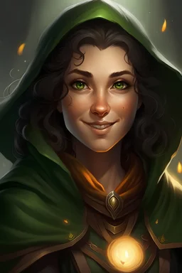 Generate a dungeons and dragons character portrait of the face of a female half-elf warlock with aurburn hair and gray-green eyes. She is half smiling and glowing with magical energy. She looks mischievous. She is wearing a dark green cloak.