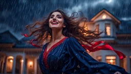 Hyper Realistic Photographic Low-Angle View Of A Beautiful Young Pashto Woman With Beautiful Eyes Lips & Nose (Wearing Beautiful Navy-Blue Frock Decorated With Red-Ribbons On It Her Frock & Her Beautiful Long Hair Whirling In Air) Happily Whirling & Smiling Outside A Fancy Navy-Blue Mansion Heavy Rainfall Night with Thunderstorm Showing Dramatic & Cinematic Ambiance.