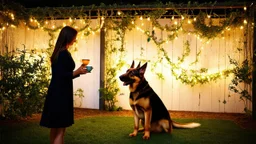 In the minimalist garden lit by hanging garlands, a woman in a dark dress held a cup of tea, the German Shepherd standing by her side, keeping watch.