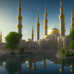 4d 8k, cinematic view, rendered by engine 5, mosque, skyscrapers, landscape, river, sun, birds, trees,