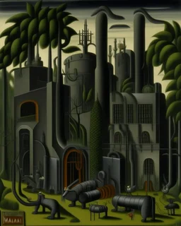 A dark gray metal factory with mechs painted by Henri Rousseau