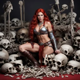 [high res photo by Moritat] Red Sonja poised on hands and knees surrounded by bones and skulls
