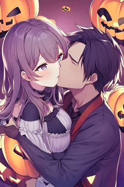 anime boy kissing a Halloween girl