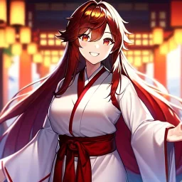 Clear focus,8k resolution, Red long hair, Vibrant gold eyes, smiling, Miko clothes,