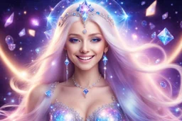 beautiful bright fairy cosmic women with cosmic long straight hair, crystal jewel and dressed with a magic crystal suit. she has light make up and a sweety smile