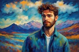 John Lowrie Morrison oil impasto painting tufting tapestry high quality double-exposure photo handsome young beard ACTOR, wears Joe Casely-Hayford hipster fashion, artistically blended with a Icelandic Dawn Aurora Borealis mountain beach landscape, austrian symbolism, double exposure, (illusion:1.2), mixture, (blue background:1.2), foreground clouds, (digital art:1.3), make up, impasto art style