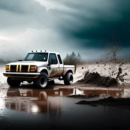 hyperrealistic shot, muddy 4x4 truck, monotone color palette, sharp focus, puddle reflection, tire mud splash, refraction, mist on the horizon, thunder and lightning, overcast shadow, detailed and intricate, cinematic composition, 8k, micro, tilt shift photography, bokeh