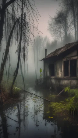 A swamp surrounded by bamboos long trees in cloudy, depressing, foggy, with a dim of light in the distance , there.is an abandoned cottage of an old house covered with leaves.