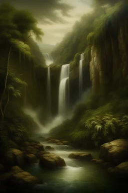 landscape painting of a waterfall in the style of Leonardo da Vinci