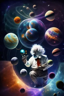 Albert Einstein playing with atoms in outerspace surrounded by planets, stars, cosmic gas, and moons