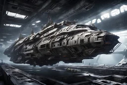 Huge dilapidated military space warship, futuristic, long, symmetrical, in orbit, hyper realistic, detailed, tough, menacing, cinematic lighting