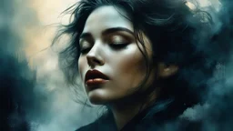 The image is a stylized portrait of a woman with her eyes closed and her lips slightly parted, by Dave McKean, Jeremy Mann, hyperrealism, dense fog, detailed matte painting, deep colors, fantasy, complex detail, splash screen, additional colors with complex, complex contrast, HDR, sharp, soft cinematic volumetric lighting, perfect masterpiece of fantasy art