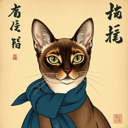 Vintage Japanese art style portrait of a chocolate point Oriental shorthair Siamese cat, inspired by Ukiyo-e prints, elegant smooth fur with soft white highlights, intricate chocolate and muted tan patterns within the fur, deep [COLOR], bold blue scarf around neck, aged beige background with traditional [COLOR] and black calligraphy, delicate brush textures, muted earthy palette, subtle antique atmosphere." "Sho Hotei" 寿 ホテイ (Jū Hotei) in Japanese.