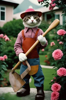 Portrait photo of an anthropomorphic farmer Cat holding a shovel in a rose garden Fujicolor Fujichrome Velvia 100 film photo, Ultra wide lens, bosozoku outfit, house background