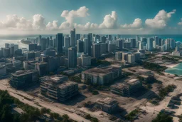 8k hdr photo raw, 1990s movie still, arial matte painting, post-apocalyptic, destroyed miami, ocean view, intricate, highly detailed, sharp focus, cinematic look, hyperdetailed,