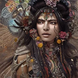 Insanely detailed photograph of an “portrait of gorgeous Aztec goddess ” with intricate hair, intricate embroidered dress, beautiful clear face and hyperdetailed painting by Ismail Inceoglu Huang Guangjian and Dan Witz CGSociety ZBrush Central fantasy art album cover art,8K, hdr, romantic, mysterious, ominous, flowers, jewelry, comfort, natural eyes, "arms open for embrace"