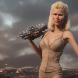 Ultra Realistic retro sci-fi movie scene, waist up view portrait, blonde woman pointing a gun, sweet young Claudia Schiffer face, perfect iris, glow eyes, makeup, weapon. Soldiers next to background, Retro sci-fi style, helmet, tight latex coat, fog, rain, soft color, highly detailed, unreal engine 5, ray tracing, RTX, lumen lighting, ultra detail, volumetric lighting, 3d, finely drawn, high definition, high resolution.