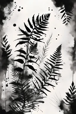 A abstract modern realism design black ink with brushstrokes and ink splatter of ferns and geometric patterns in negative space