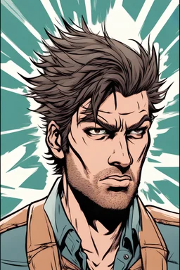 man with scruffy hair, stubble and a judgmental look on his face comic book style