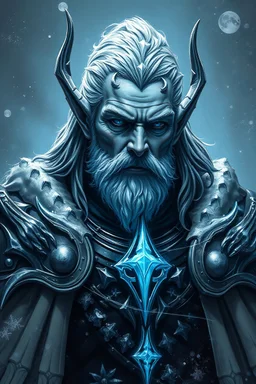 Fantasy art of a dark elf fae clean shaven middle age man of ice magic, from an ice kingdom deep below the earth. Their skin is marbled with the glow of ice magic, and they wear regal yet intimidating armour clothing