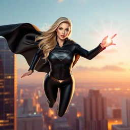 super pretty woman, blonde long haired, big bubs, good body, dressed with a mini black suit super hero, cape, shining eyes and plasma light on hands flying over the city
