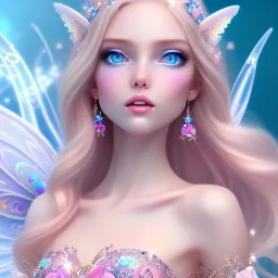  beautiful, soft, whide smile face,whole head, long blonde straight hair, blue eyes, fairy wings on the back, transparent crystal blue and pink clothes, background blue and pink, big definition, 8K