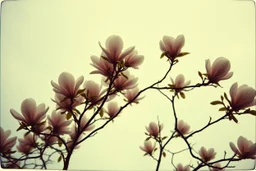 Melancholic, ultra-realistic vintage polaroid photograph of a The magnolia tree, soft light of a cloudy sky, atmosphere of quiet sadness and timeless beauty, cinematic, hyper-detailed, emotional and mesmerizing, bloom, lo-fi
