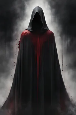book cover of a cloaked figure facing away from the viewer. looking to the side. holding left arm up looking at it. arm is dripping with blood and transitioning to an ethereal form.