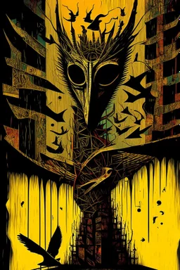 Strychnine totem, abstract surrealism, by Phlegm and Dave McKean, silkscreened mind-bending illustration; warm colors, off-centered fragmented composition, multiple stages of grief, dark shines war,