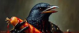 master oil painting by Rembrandt, good afternoon bitch scary blood sparrow, the most dreaded sparrow, close up, in dark blood bath, blood dripping, evil big eyes, scary shining armor with a whole for his beak, like a count, he is eating a hot dog with a bunch on dark knights