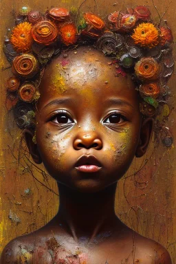 an abstract painting of rusted metal and flowers, african baby portrait, rust, scaffolding, iron cladding, decay, mixed media, textured, anatomically correct, beautiful perfect face, sharp focus, highly detailed