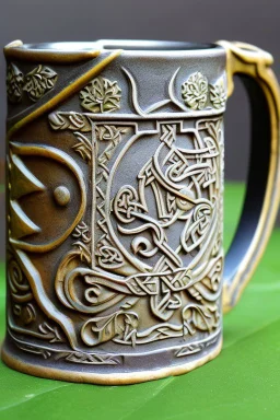 A viking dwarfa tankard of honey mead. An oak leaves and green man are prominent. Book of Kells style